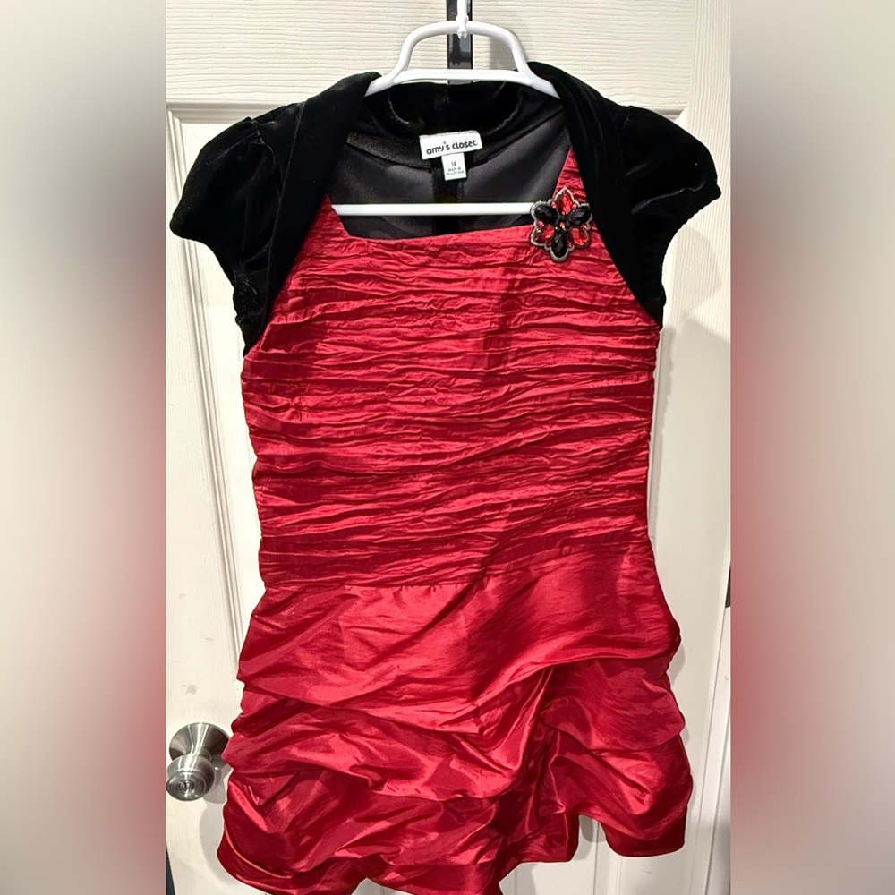 Amy's Closet Red Girls Dress with Black Velvet Detail
